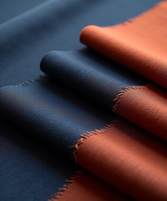 Close-up of high-quality sustainable fabric swatches in deep blue and terracotta