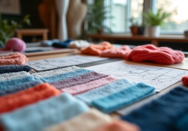 Creative textile design studio atmosphere with fabric swatches