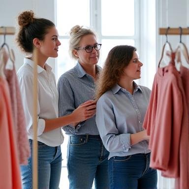 Creative team discussing fabric samples in a bright textile studio