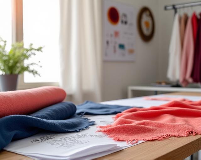 A bright creative studio with fabric swatches and mood boards